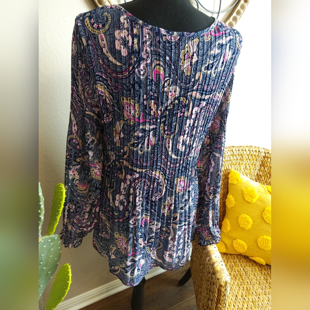 Melissa Paige Navy Paisley Long-Sleeve Peplum Tunic with Tassel Tie - Picture 7 of 10